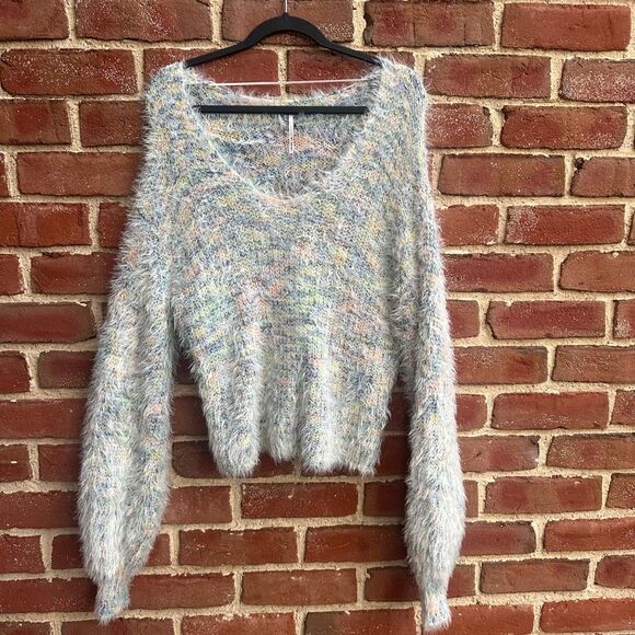 Free People Womens V-Neck Fuzzy Eyelash Knit Sweater oversized Multicolor XS - Picture 5 of 8